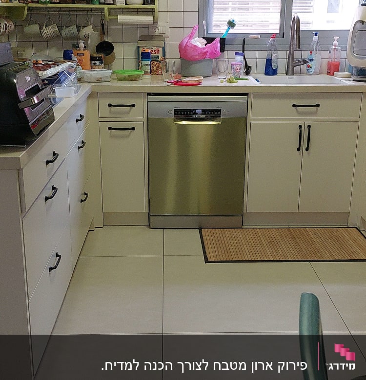 מטבח עם מדיח כלים, כיור וחומרי ניקוי